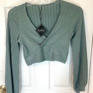 Zaful Sage Green Textured Wrap Blouse